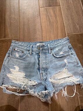 GRLFRND Light Blue Distressed High-Rise Denim Shorts